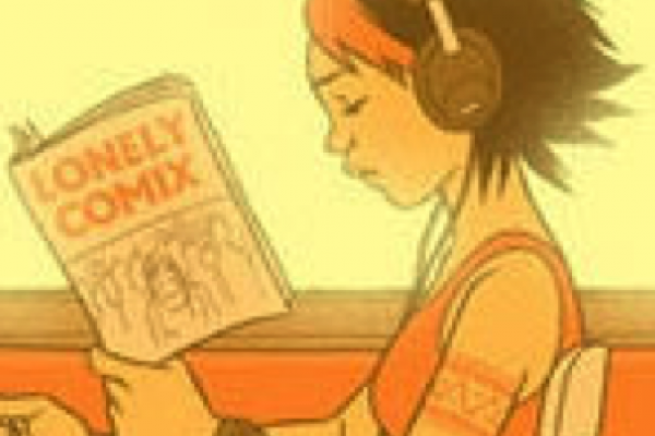 comic of a young Asian girl reading a book titled "lonely comix"
