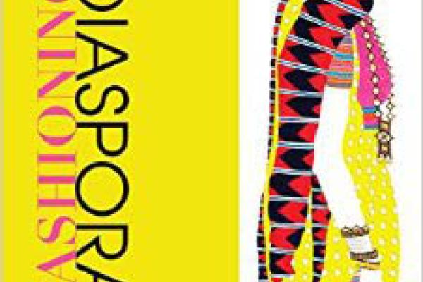A colorful line drawing of a woman's body in a sari on the right with the words "Fashioning Diaspora" on the left on a yellow background